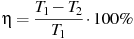 \eta = \frac{{T_1 - T_2 }}{{T_1 }} \cdot 100\% 